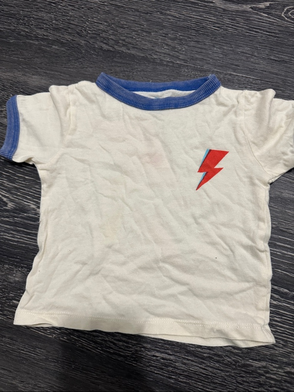 Rowdy Sprout White Tee with Blue Trim and Red Lightning Bolt Accent